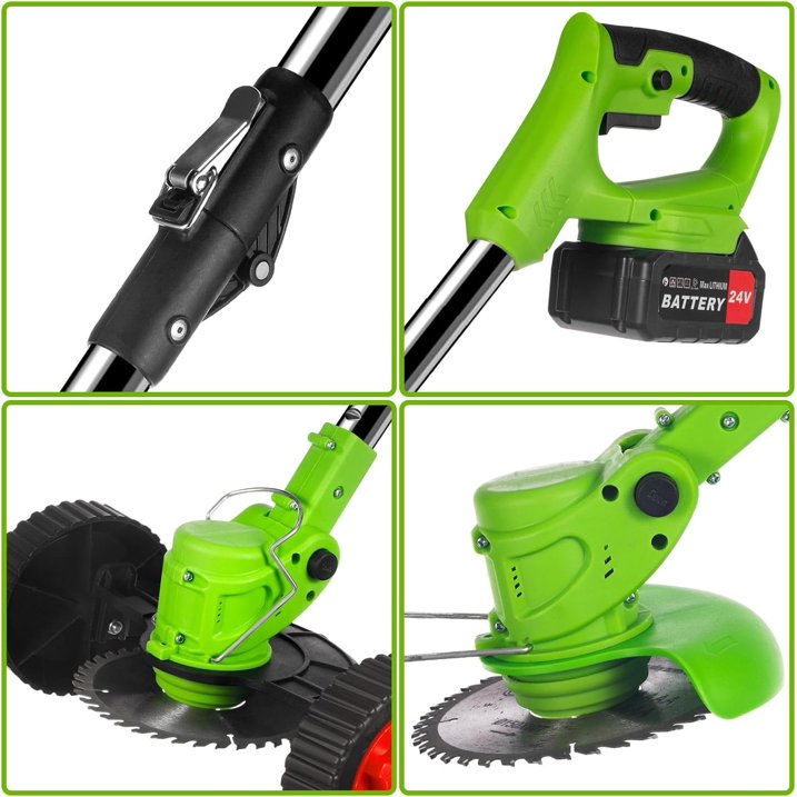 Folding grass trimmer: folding joint and head close-ups.