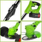 Folding grass trimmer: folding joint and head close-ups.