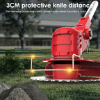 Cordless lawn trimmer with wheels: cutting head and guard close-up.
