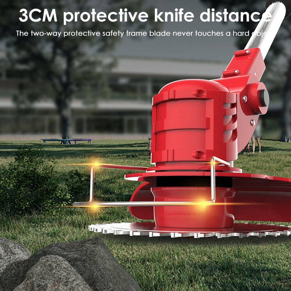 Cordless lawn trimmer with wheels: cutting head and guard close-up.
