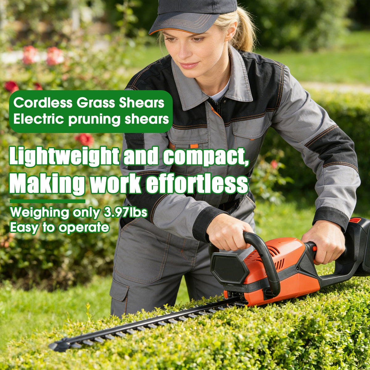Cordless hedge trimmer: operator holding hedge trimmer.