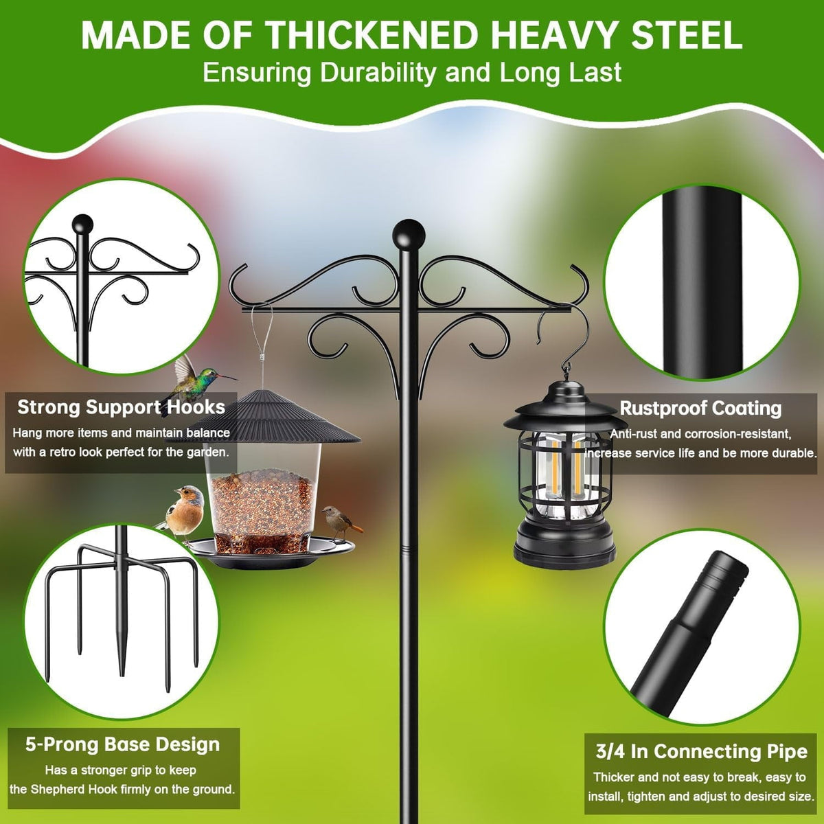 108 inch shepherds hook: steel pole hook and base details.