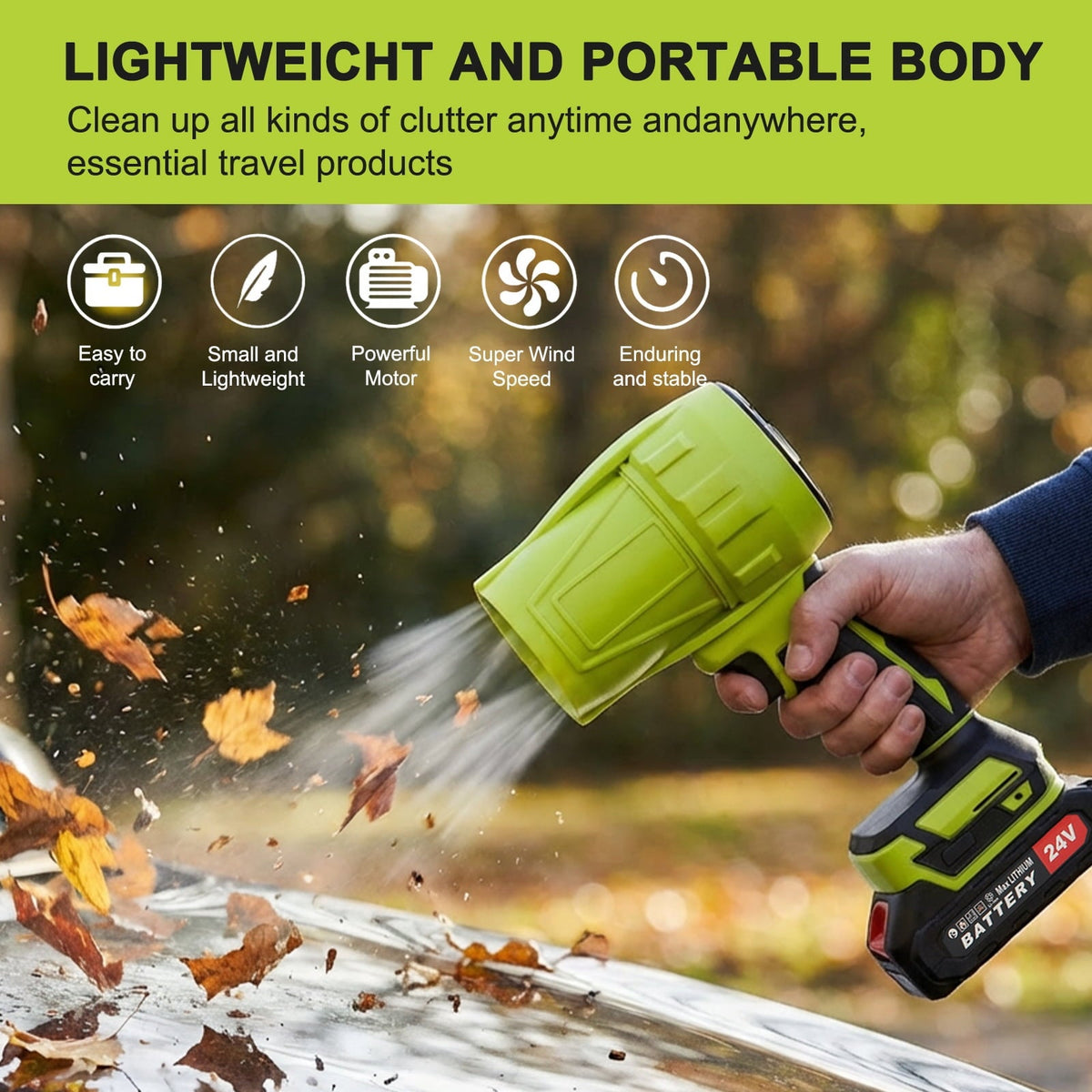 Green cordless leaf blower: blower used on outdoor leaves.