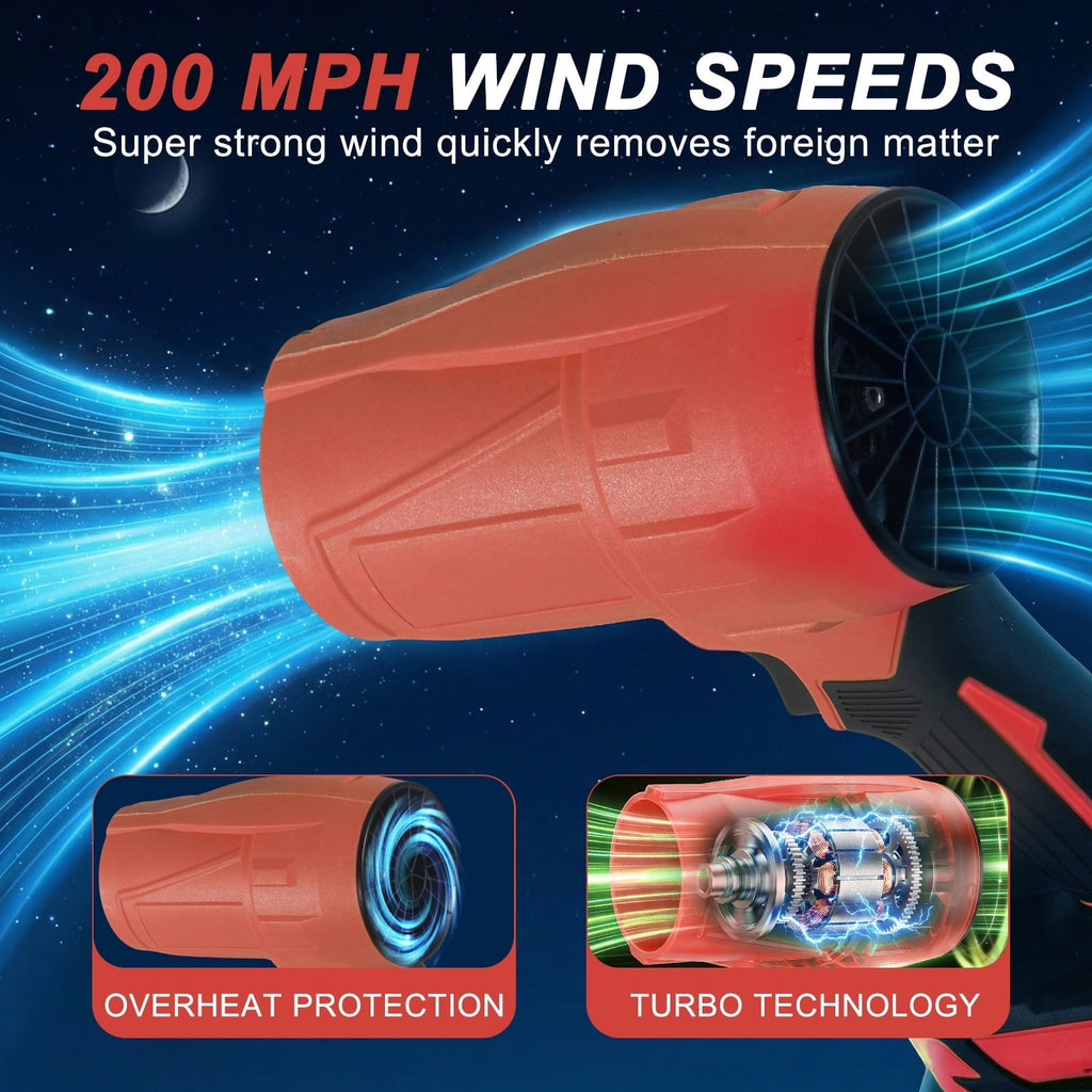 24v cordless leaf blower: blower fan and airflow illustration.