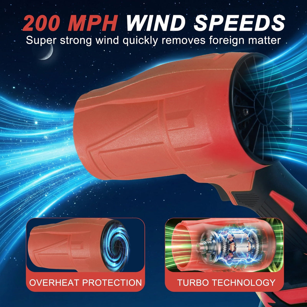 24v cordless leaf blower: blower fan and airflow illustration.