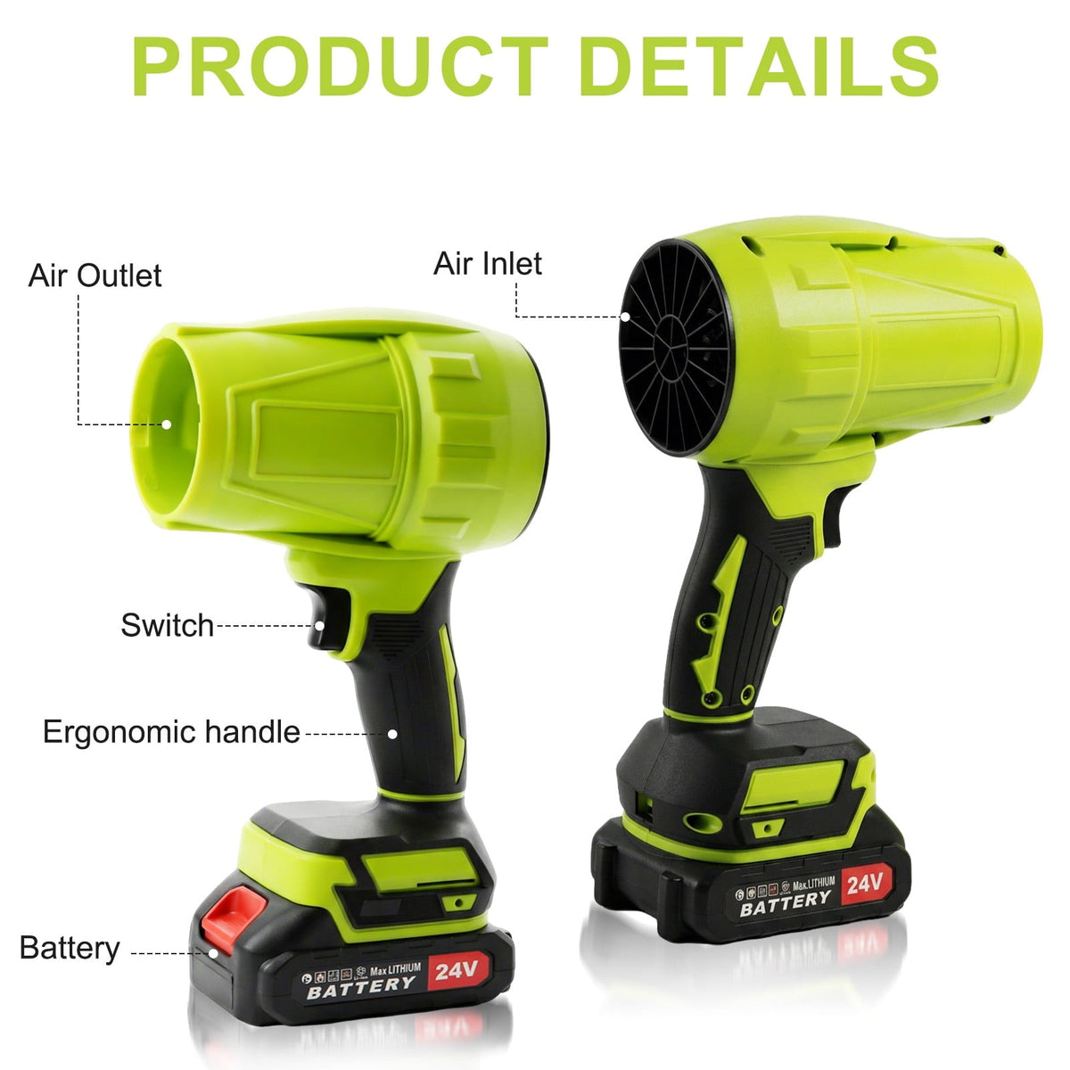Green cordless leaf blower: labeled blower inlet outlet grip and switch.
