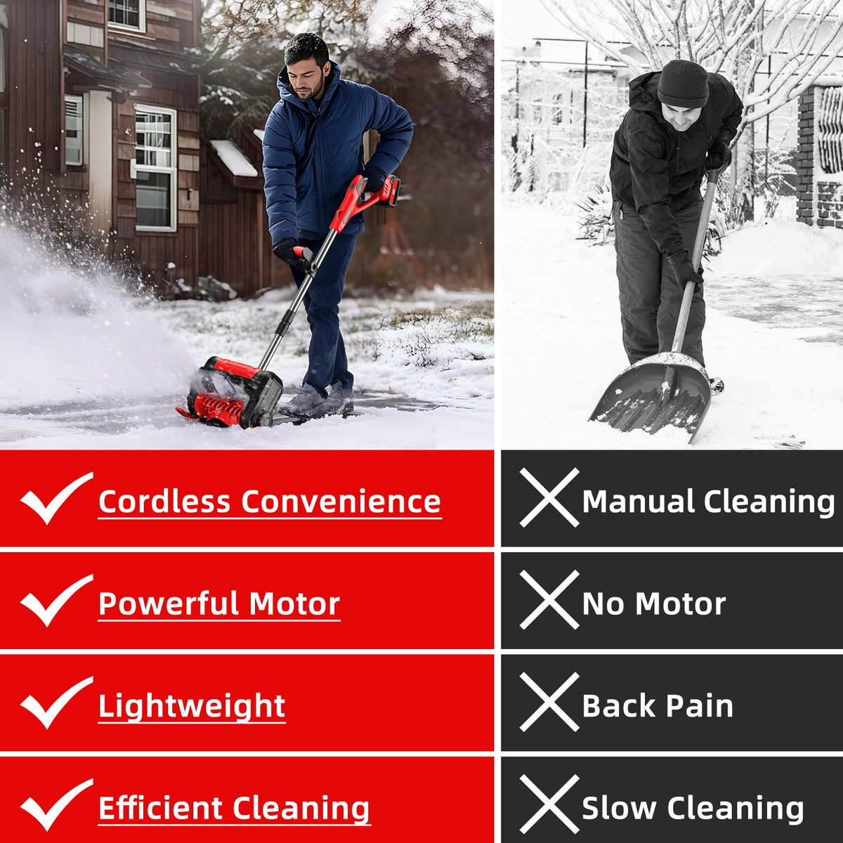 Cordless snow shovel: snow shovel and manual-shovel comparison.
