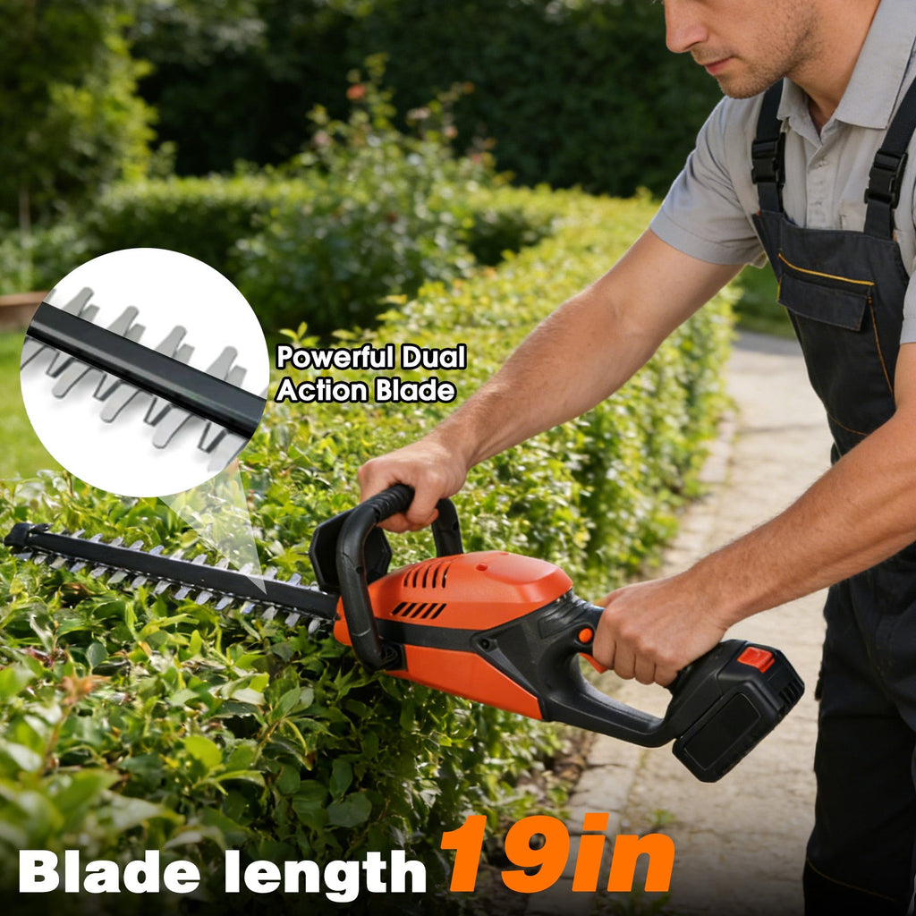 Cordless hedge trimmer: blade close-up and hedge trimming.