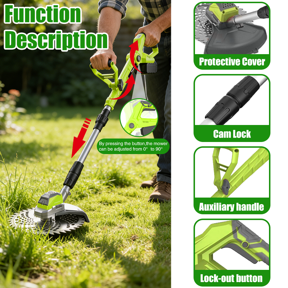 Cordless trimmer with pivoting head: guard lock and auxiliary handle details.