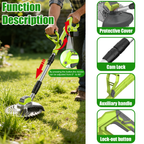 Cordless trimmer with pivoting head: guard lock and auxiliary handle details.