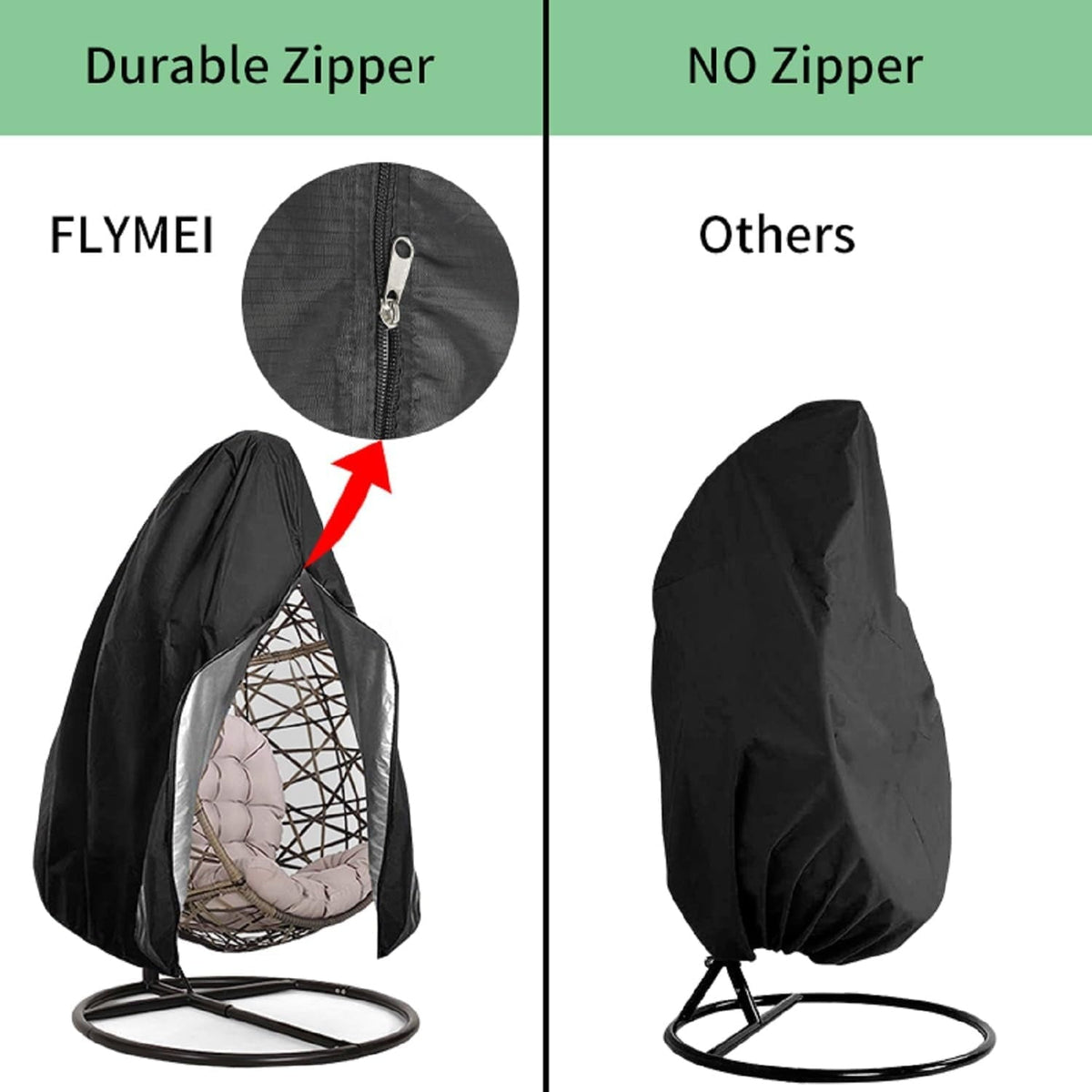 Hanging egg chair cover: zipper opening comparison.