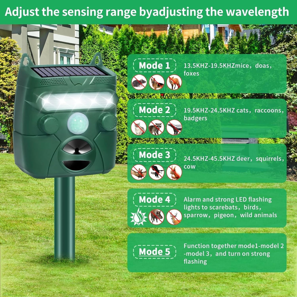 Motion activated solar animal repeller: five mode settings.