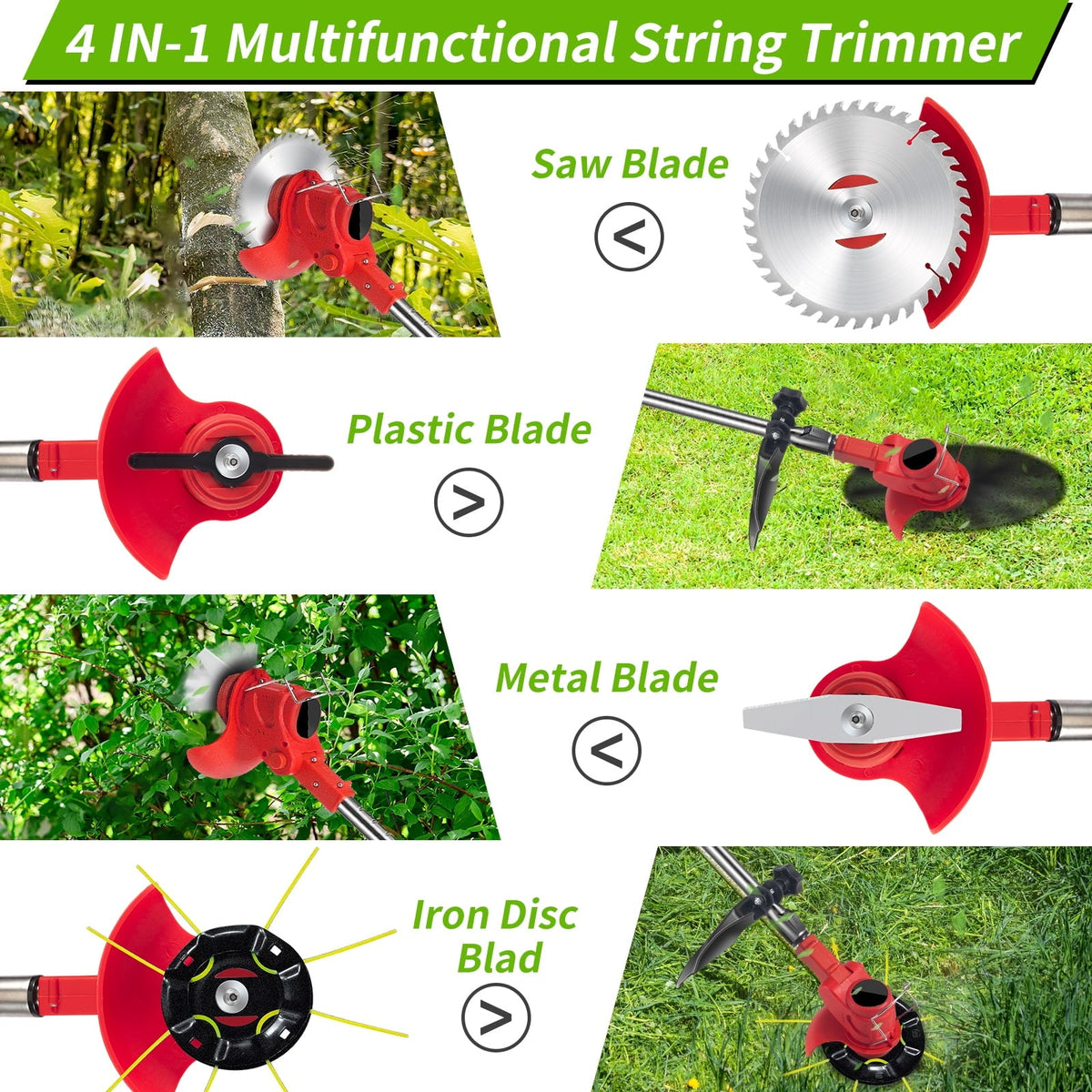 Cordless grass trimmer blade kit: four cutting attachment types.