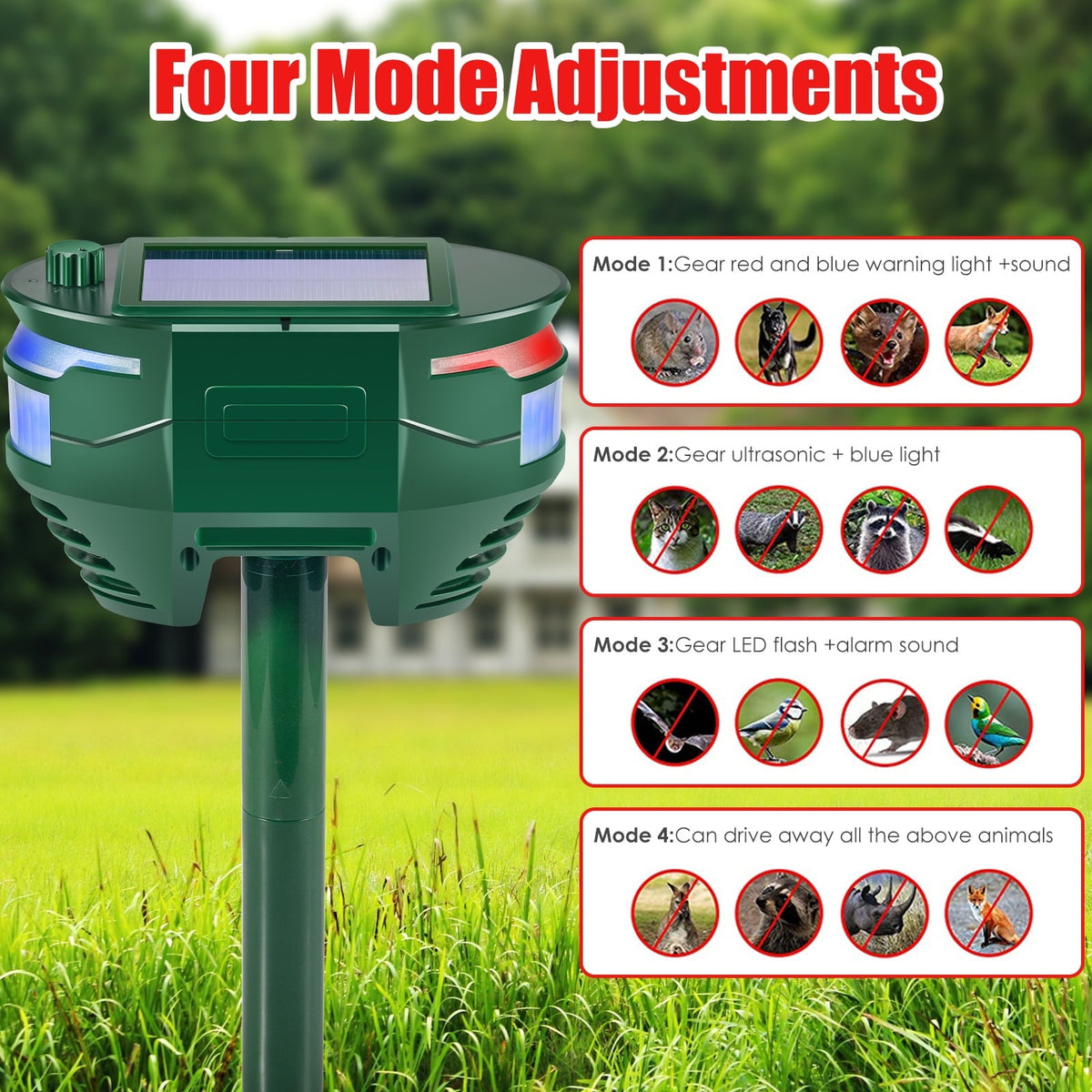 Solar animal deterrent with motion sensor: four operating modes.