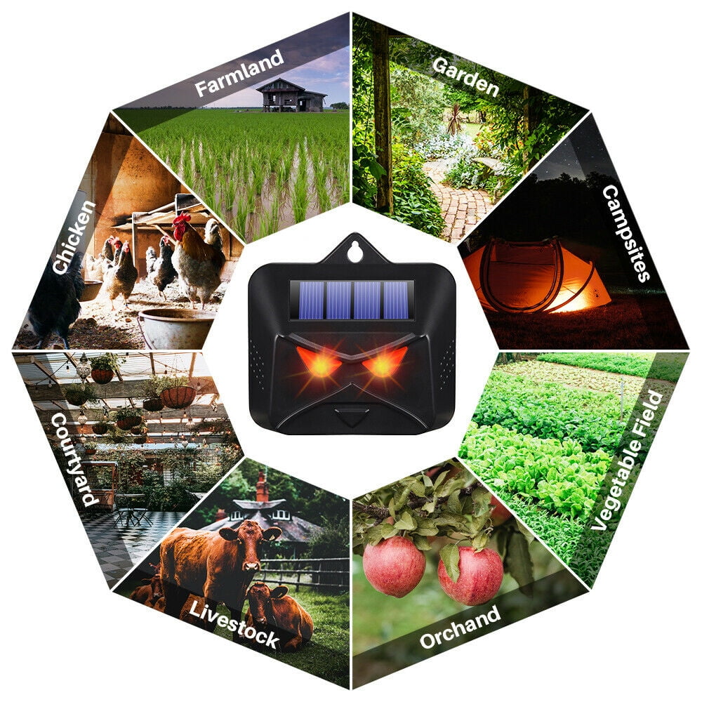 Solar red light animal deterrent: farm garden and storage placement examples.