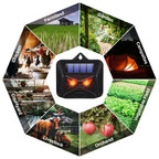 Solar red light animal deterrent: farm garden and storage placement examples.