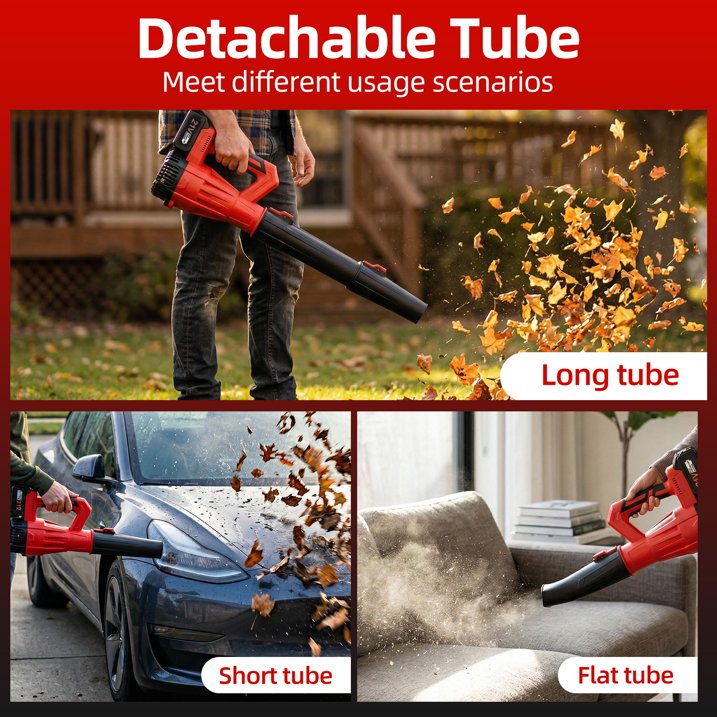6 speed cordless leaf blower: long short and flat nozzle examples.