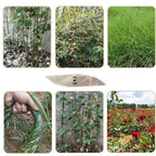 Curved metal trimmer blades: vegetation and mounted blade examples.