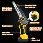 8 inch cordless mini chainsaw: labeled chainsaw safety controls.