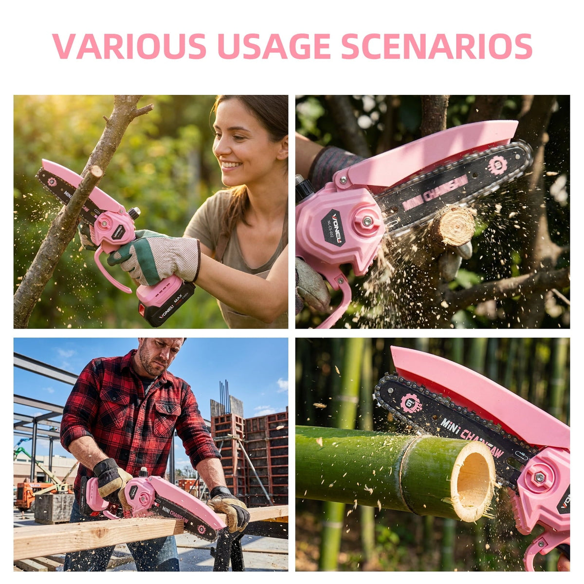 6 inch cordless mini chainsaw: pruning and wood-cutting examples.