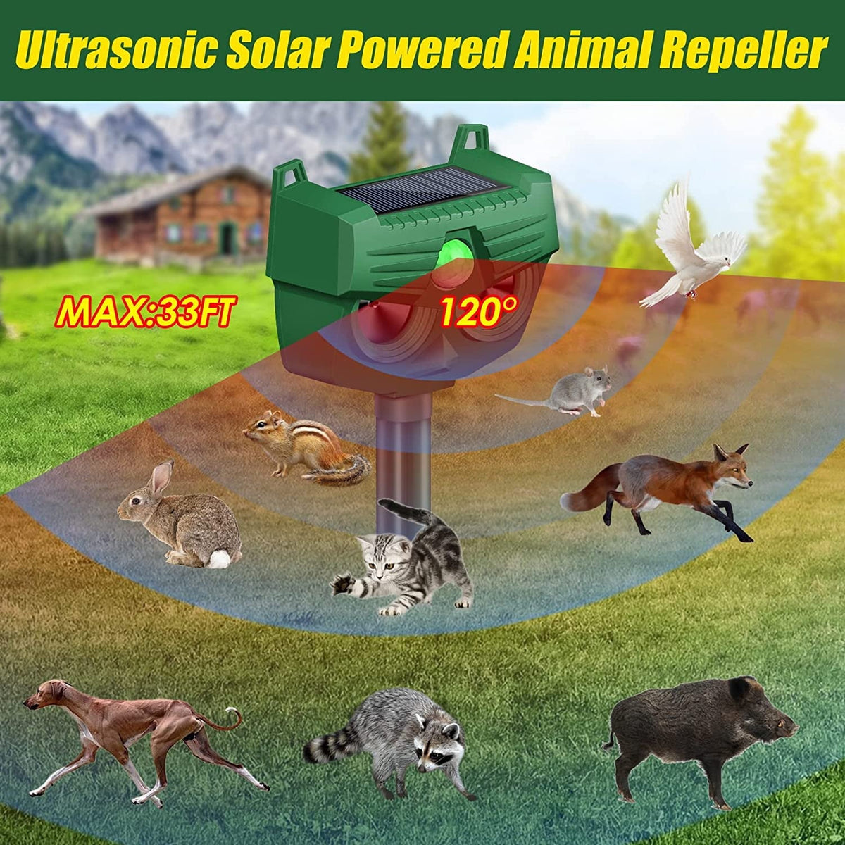 Solar animal repeller for garden: motion detection angle diagram.