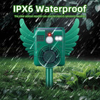 Motion sensor animal repeller: repeller in rain illustration.