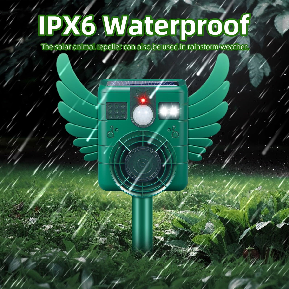 Motion sensor animal repeller: repeller in rain illustration.