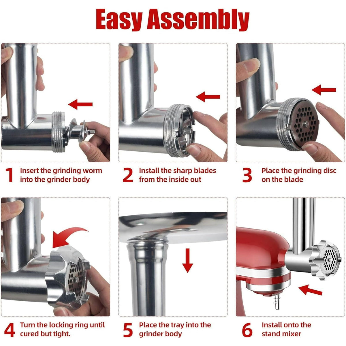 Meat grinder attachment for KitchenAid: grinder assembly sequence.