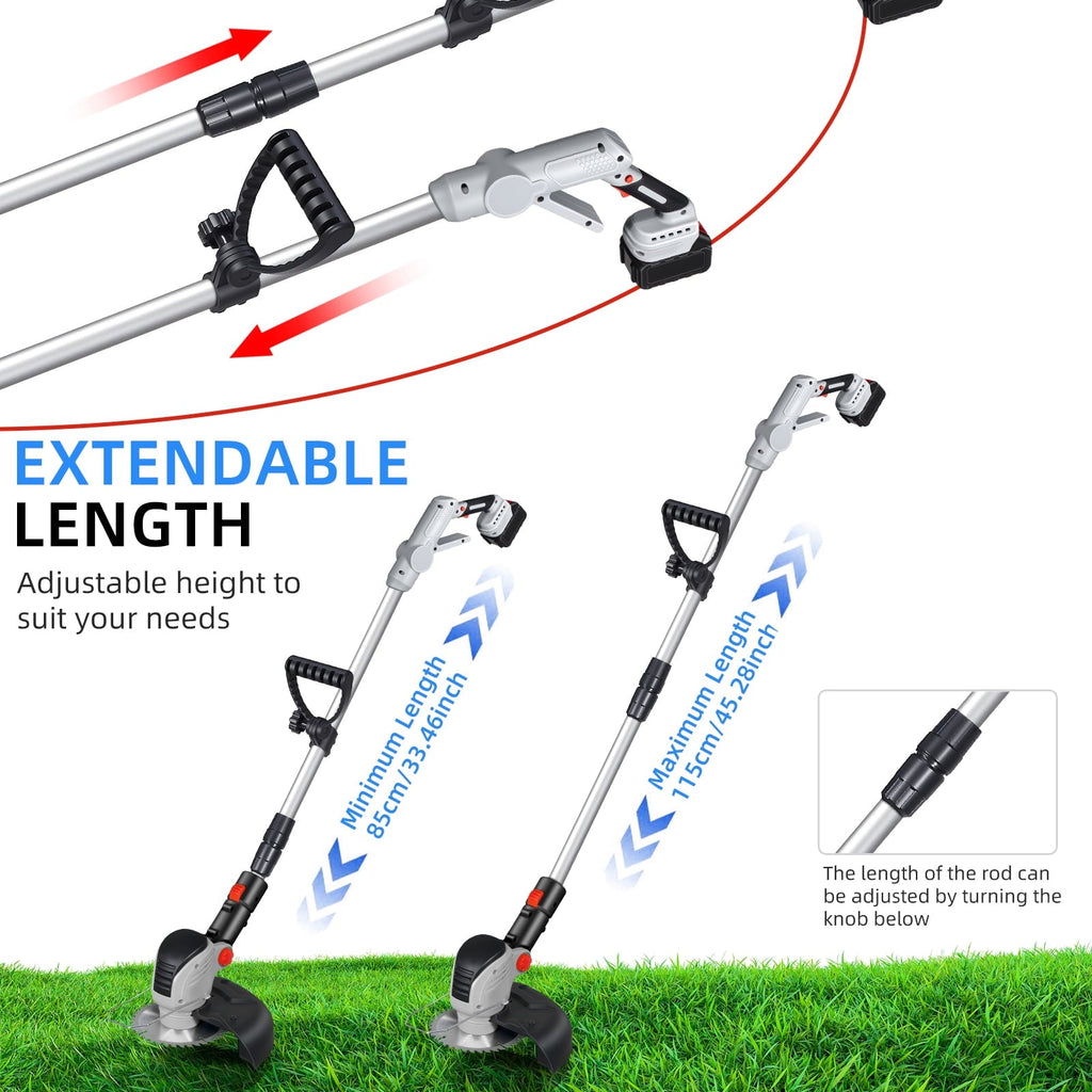 Wheeled cordless string trimmer: telescopic shaft adjustment.