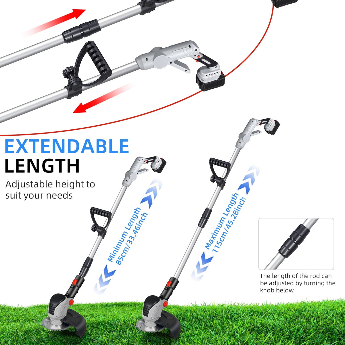 Wheeled cordless string trimmer: telescopic shaft adjustment.