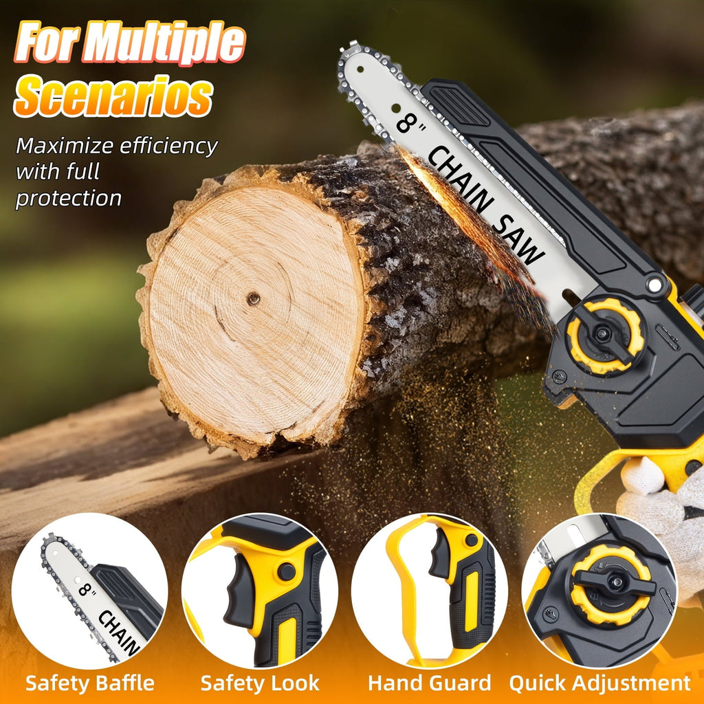 8 inch cordless mini chainsaw: chainsaw safety features and cutting example.