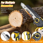 8 inch cordless mini chainsaw: chainsaw safety features and cutting example.