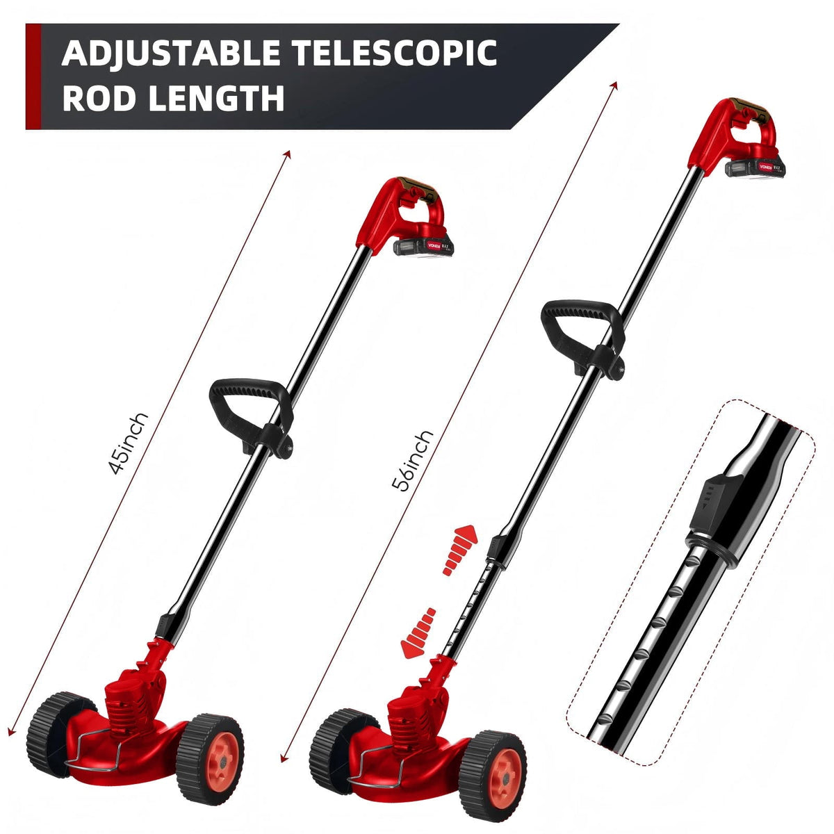 Cordless trimmer adjustable handle: telescopic shaft adjustment.