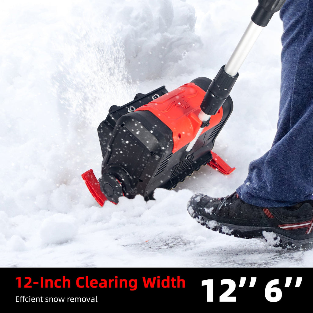 Cordless snow shovel: clearing head width and snow-depth artwork.