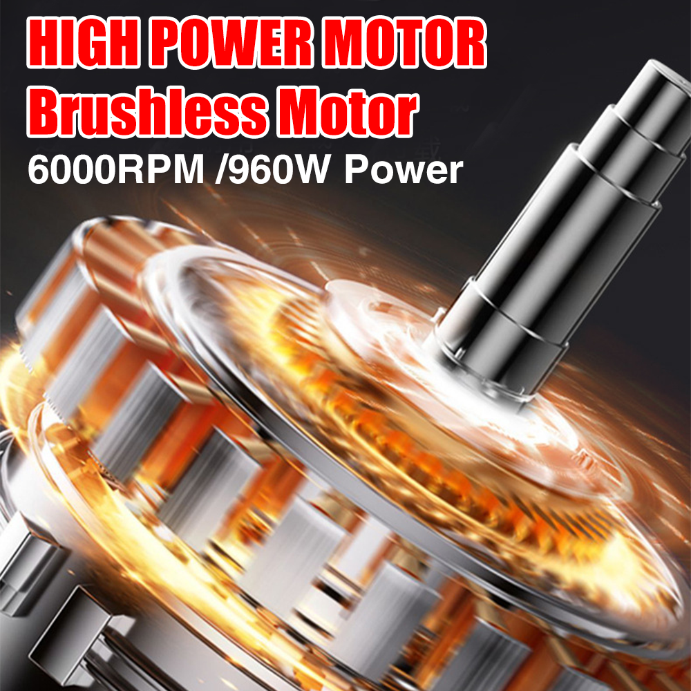 Cordless trimmer with pivoting head: brushless motor illustration.