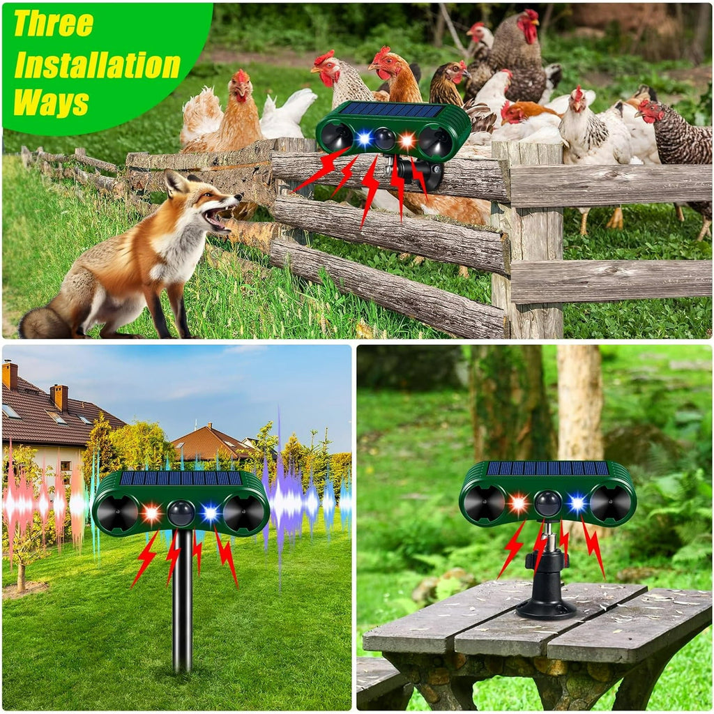 Solar animal repeller led: fence and garden mounting examples.