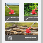 Cordless lawn trimmer with wheels: cutting attachment application examples.