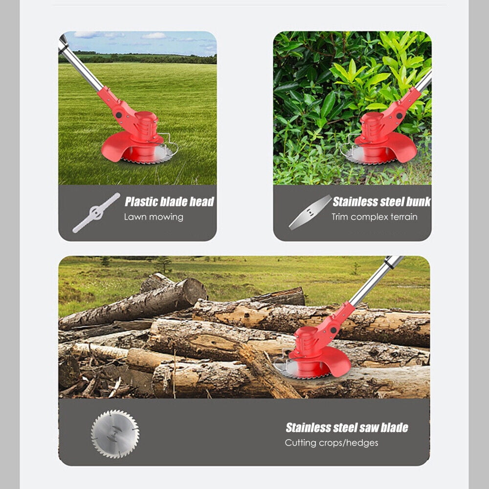 Cordless lawn trimmer with wheels: cutting attachment application examples.