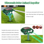 Solar animal repeller 2 pack: ultrasonic and LED deterrence illustration.