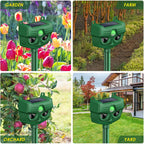 Solar animal repeller for garden: garden farm orchard and yard placements.
