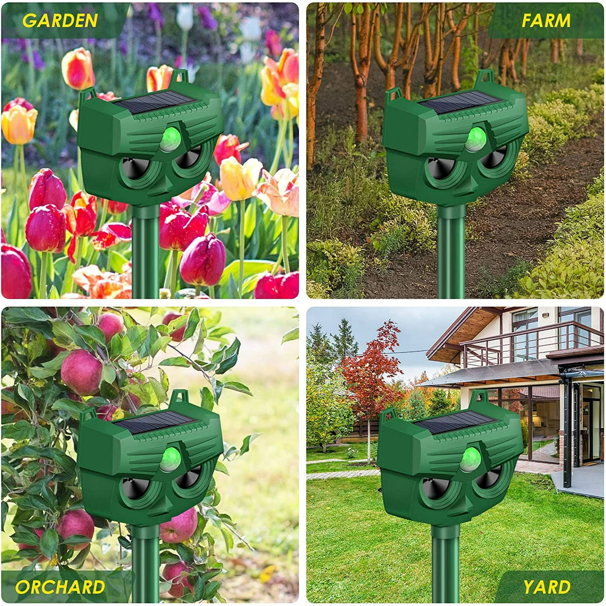 Solar animal repeller for garden: garden farm orchard and yard placements.