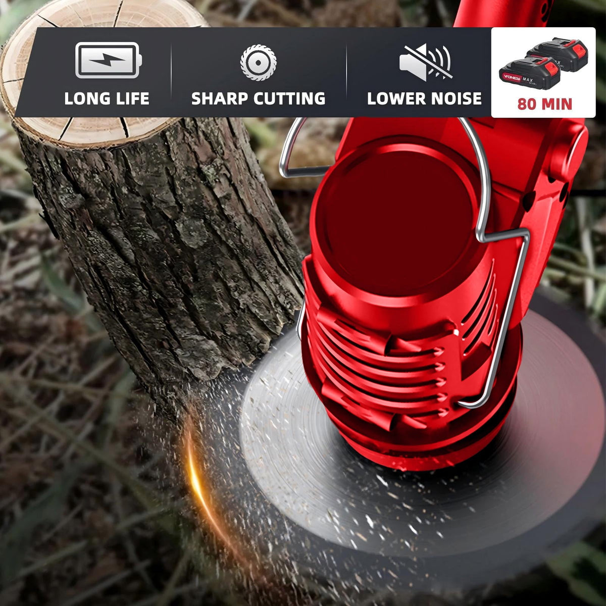 Cordless trimmer adjustable handle: motor and cutting-head artwork.