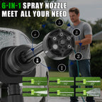 Portable cordless pressure washer: adjustable six-pattern nozzle.