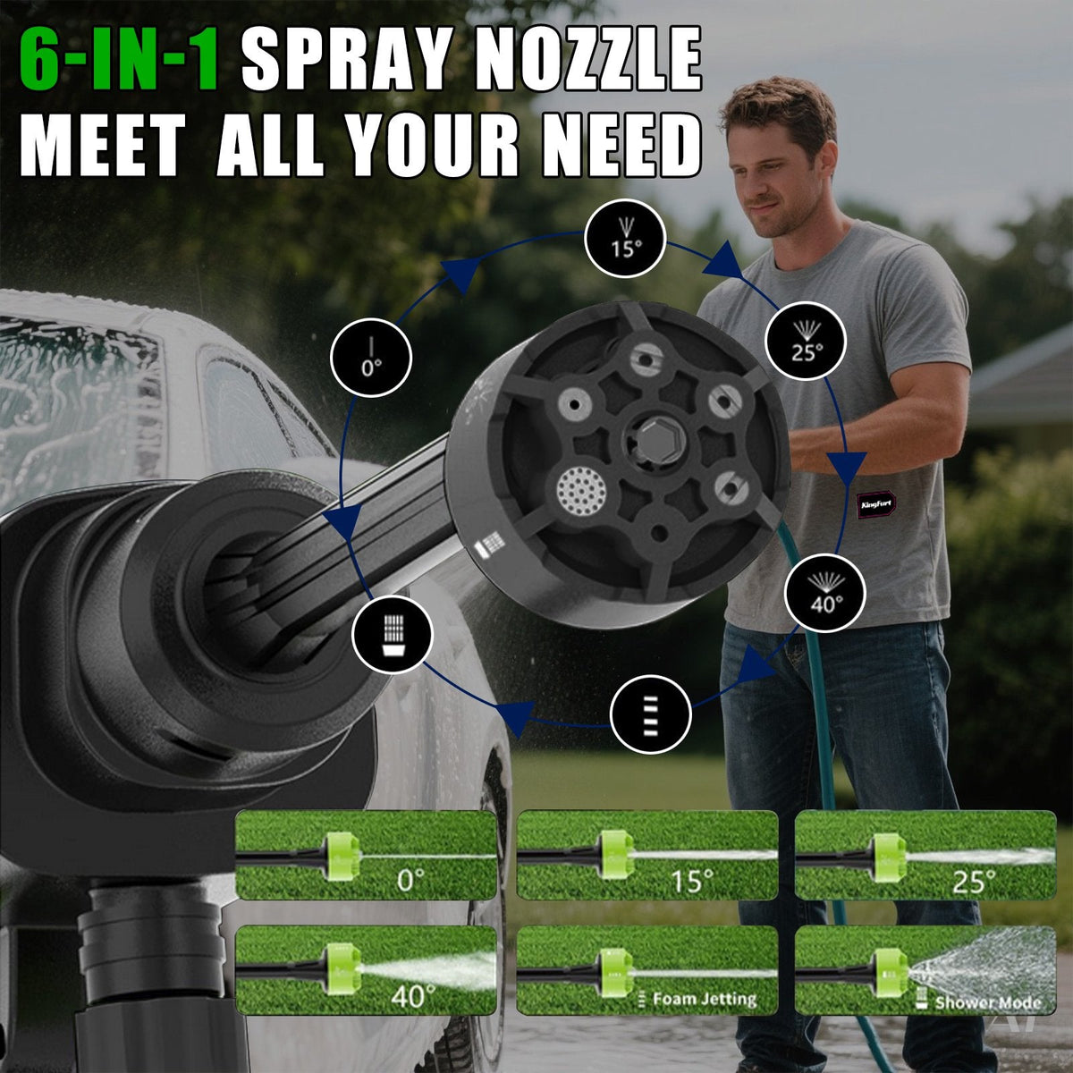 Portable cordless pressure washer: adjustable six-pattern nozzle.