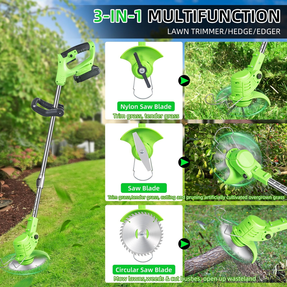 Cordless grass trimmer: three cutting attachment types.
