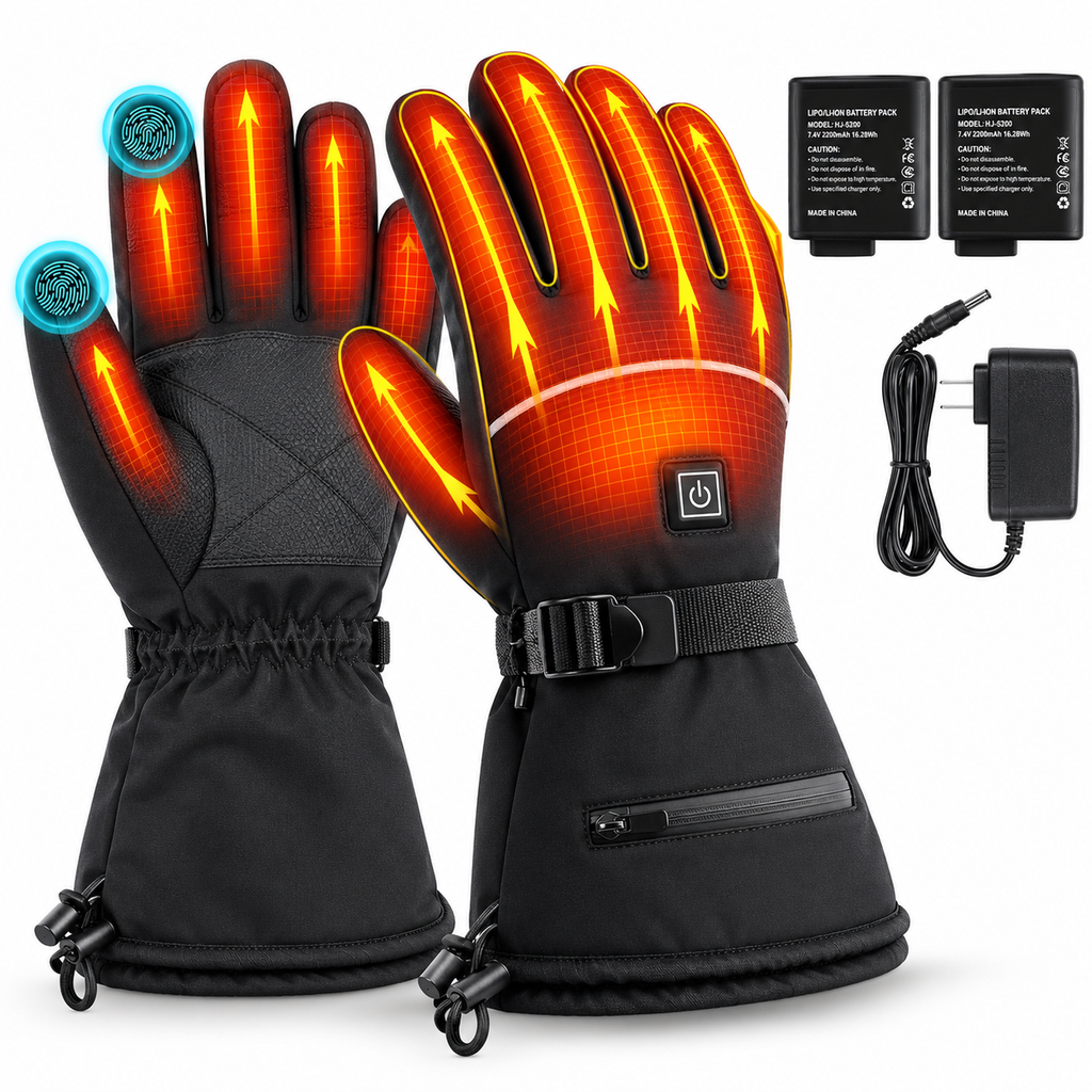 Rechargeable heated gloves: gloves charger and batteries layout.