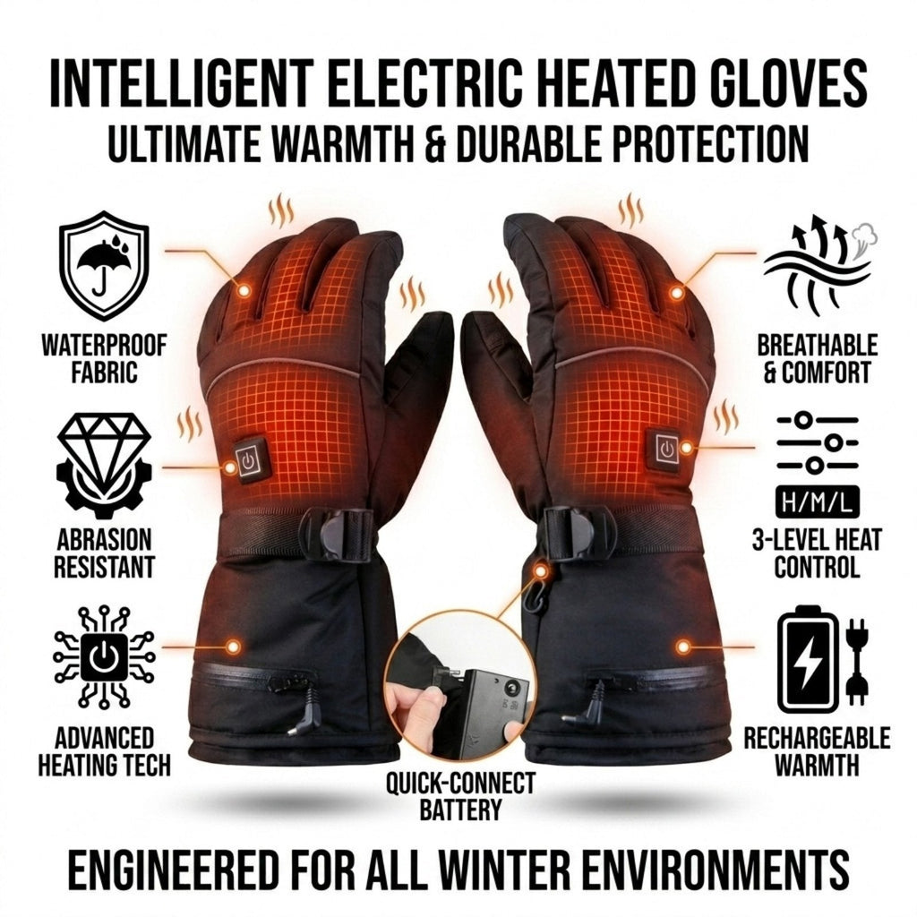 Rechargeable heated gloves: glove construction and connection features.