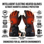 Rechargeable heated gloves: glove construction and connection features.