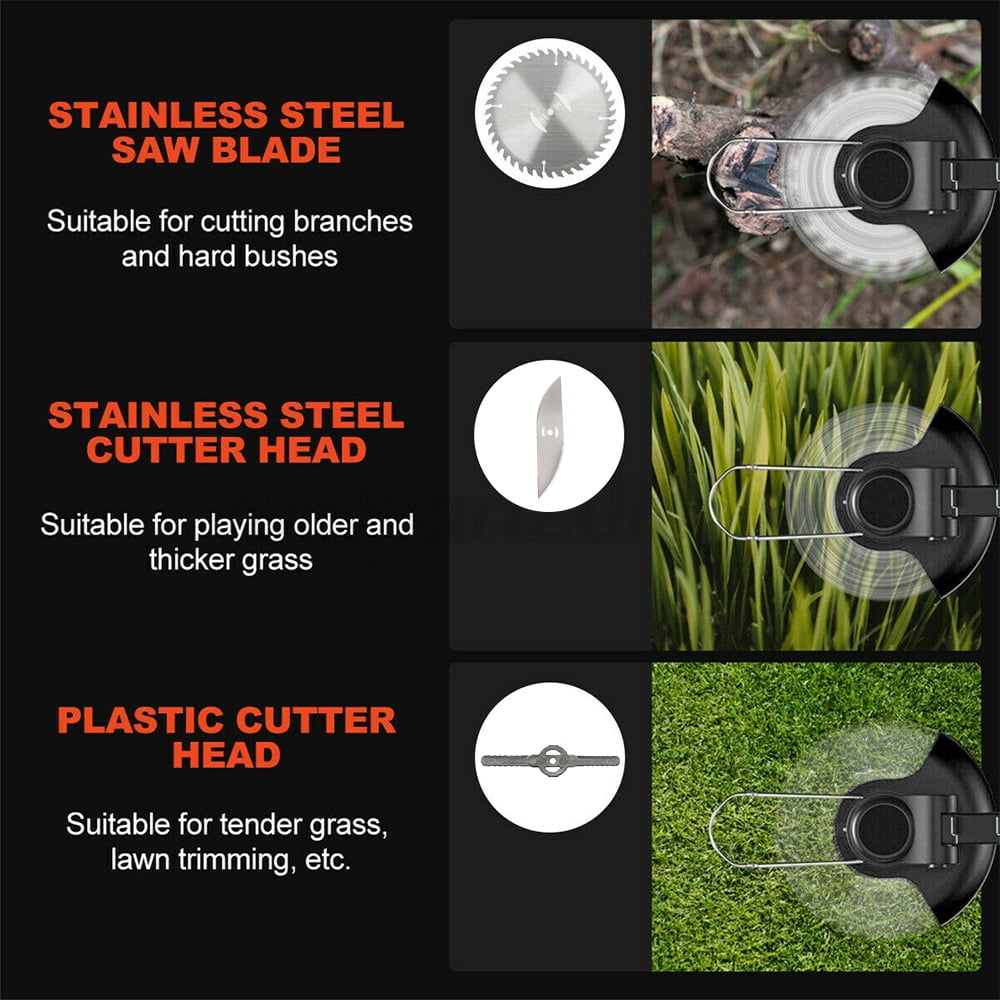 Black cordless grass trimmer: three cutting attachment types.
