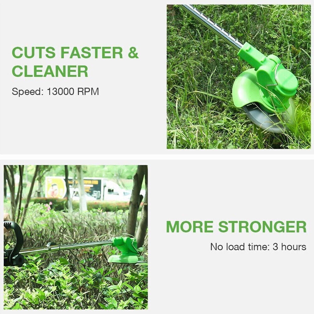 Green cordless trimmer: motor and cutting-head artwork.